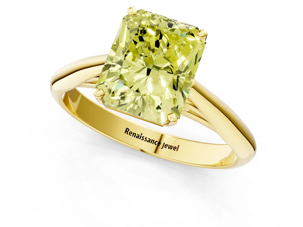 Yellow gold Fancy Yellow Radiant Cut Diamond Solitaire Engagement Ring with Cathedral Setting and Four-Prong Mount