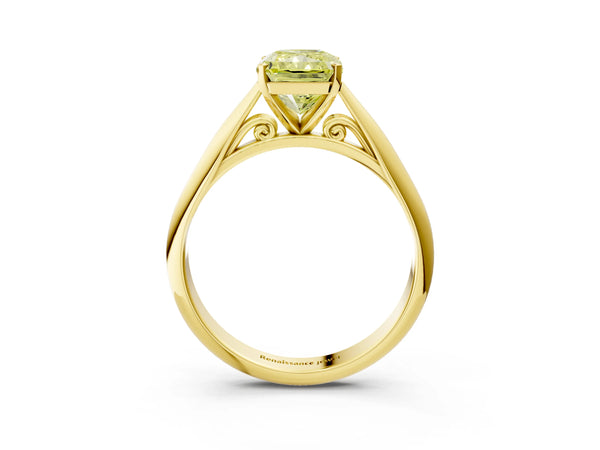 Yellow gold Fancy Yellow Radiant Cut Diamond Solitaire Engagement Ring with Cathedral Setting and Four-Prong Mount
