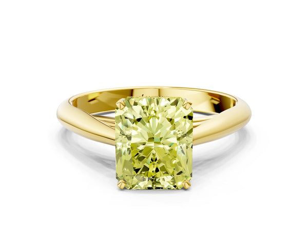Yellow gold Fancy Yellow Radiant Cut Diamond Solitaire Engagement Ring with Cathedral Setting and Four-Prong Mount