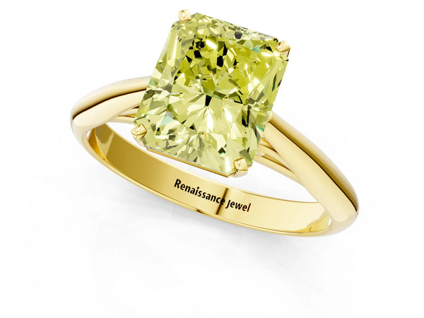 Yellow gold Fancy Yellow Radiant Cut Diamond Solitaire Engagement Ring with Cathedral Setting and Four-Prong Mount