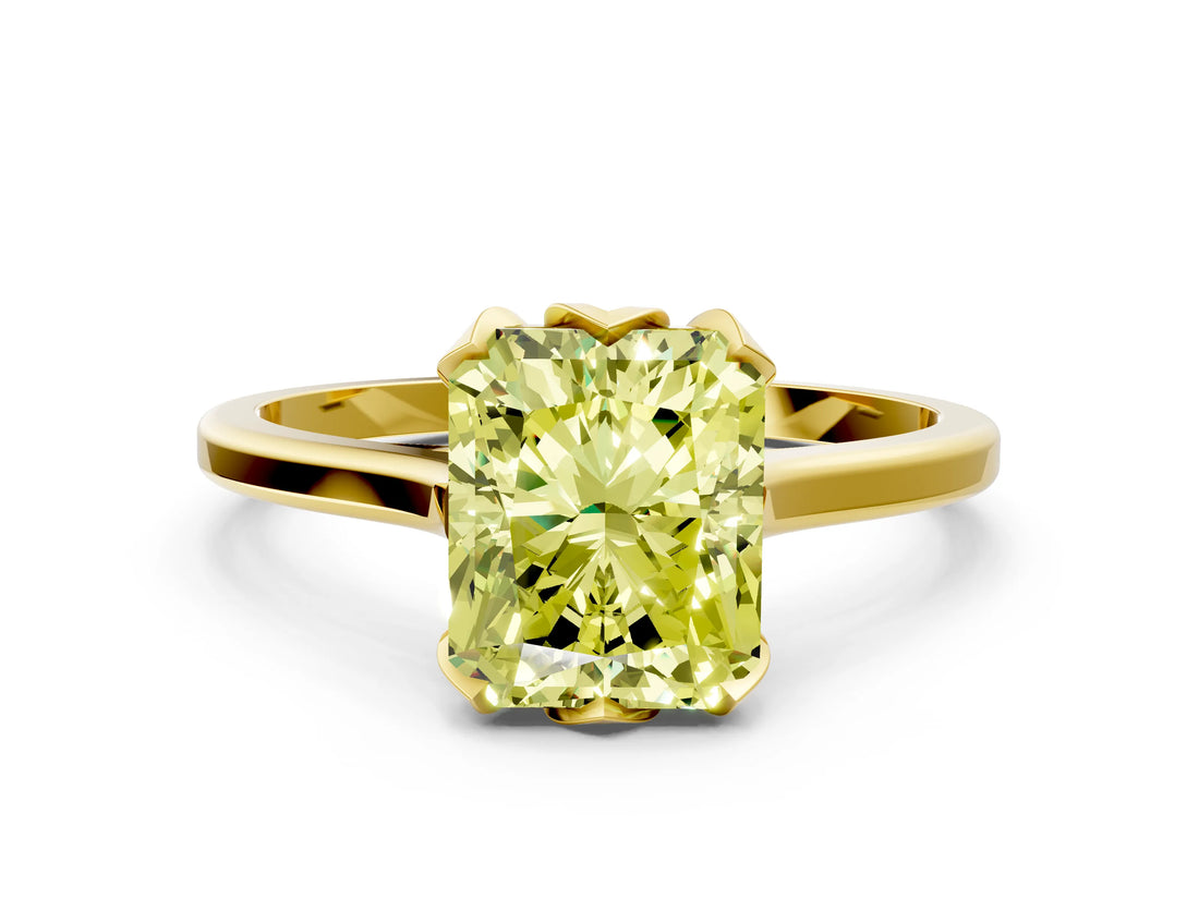 Yellow gold Fancy Yellow Radiant Cut Diamond Solitaire Ring with Flower Prong Setting and Classic Band_12