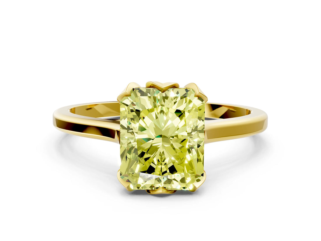 Yellow gold Fancy Yellow Radiant Cut Diamond Solitaire Ring with Flower Prong Setting and Classic Band_37
