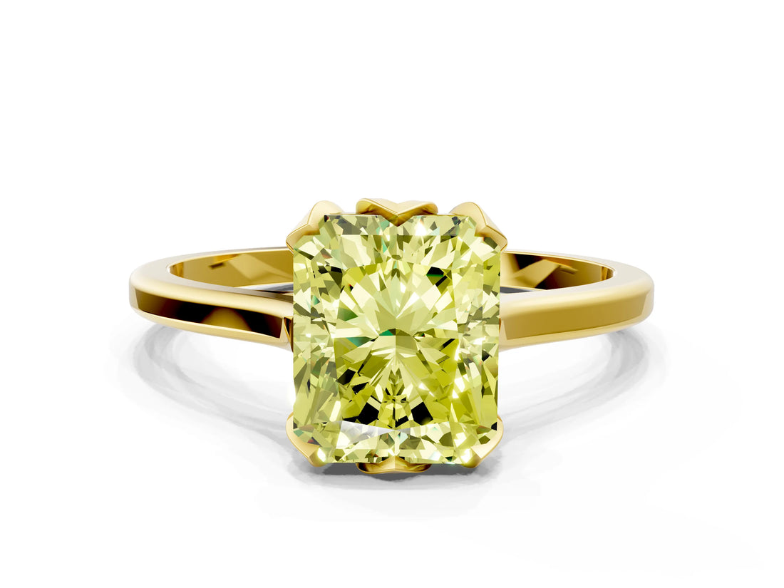Yellow gold Fancy Yellow Radiant Cut Diamond Solitaire Ring with Flower Prong Setting and Classic Band_81