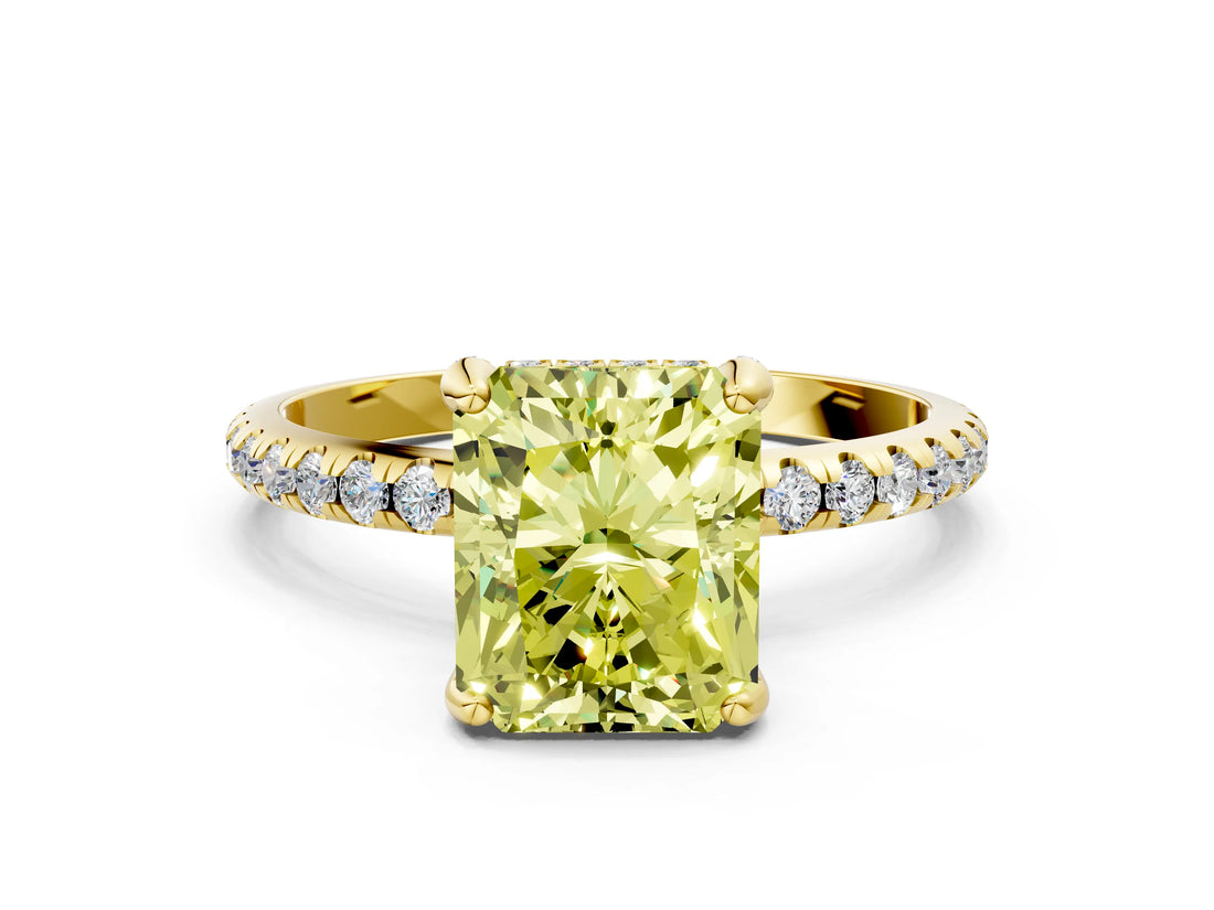 Yellow gold Fancy Yellow Radiant Cut Diamond Solitaire Ring with Four-Prong Setting and Pavé Band_3