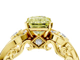 Yellow gold Fancy Yellow Radiant Cut Diamond Solitaire Ring with Milgrain Pavé Band and Four-Prong Setting_140