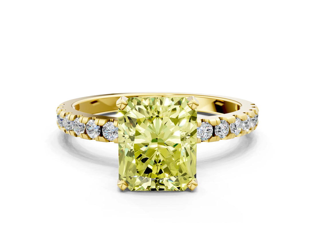 Yellow gold Fancy Yellow Radiant Cut Diamond Solitaire Ring with Pavé Band and Four-Prong Setting_44