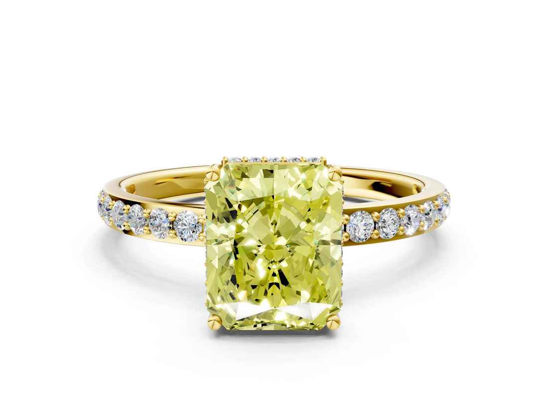 Yellow gold Fancy Yellow Radiant Cut Diamond Solitaire Ring with Pavé Band and Hidden Halo_15