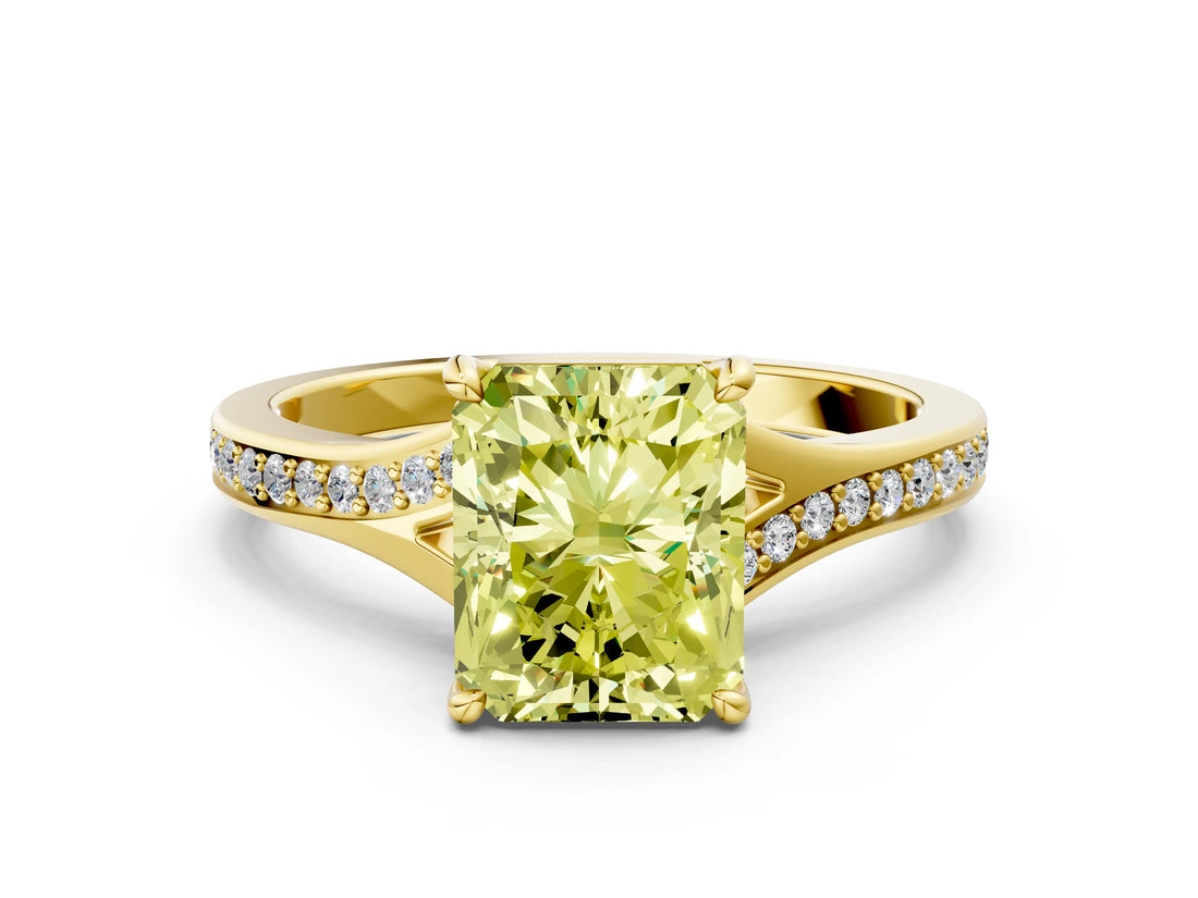 Yellow gold Fancy Yellow Radiant Cut Diamond Solitaire Ring with Pavé Band and Prong Setting_12
