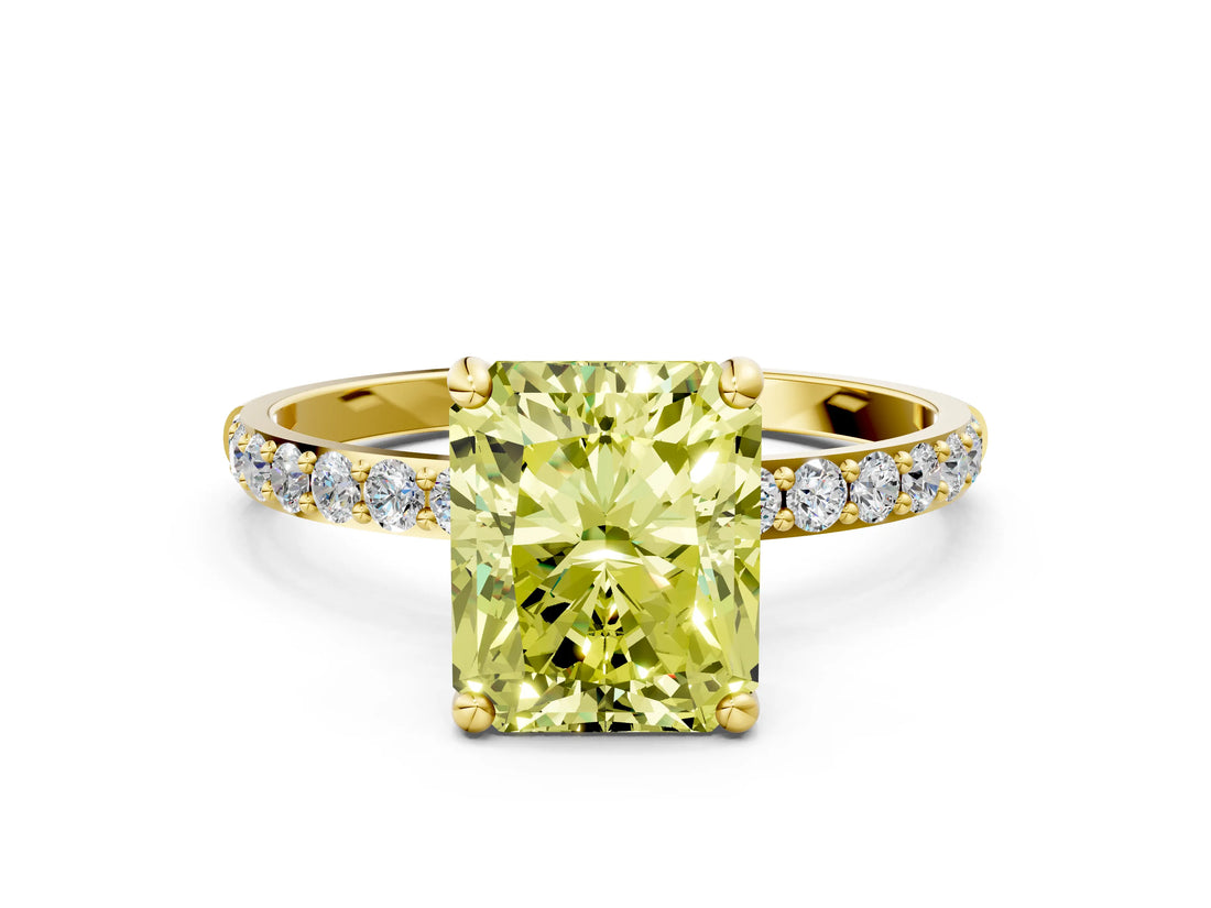 Yellow gold Fancy Yellow Radiant Cut Diamond Solitaire Ring with Pave Band and Four Prong Setting_91