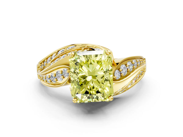 Yellow gold Fancy Yellow Radiant Cut Diamond Solitaire Ring with Prong Setting and Twisted Pavé Band