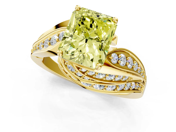 Yellow gold Fancy Yellow Radiant Cut Diamond Solitaire Ring with Prong Setting and Twisted Pavé Band