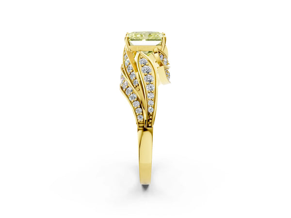 Yellow gold Fancy Yellow Radiant Cut Diamond Solitaire Ring with Prong Setting and Twisted Pavé Band