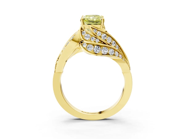 Yellow gold Fancy Yellow Radiant Cut Diamond Solitaire Ring with Prong Setting and Twisted Pavé Band