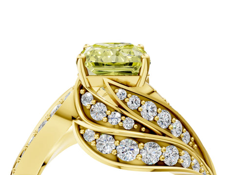 Yellow gold Fancy Yellow Radiant Cut Diamond Solitaire Ring with Prong Setting and Twisted Pavé Band_4