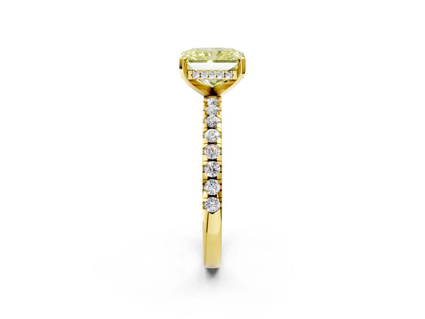 Yellow Gold Radiant Cut Hidden Halo Solitaire Engagement Ring Setting for Fancy Yellow Center with Single Row Pave Band