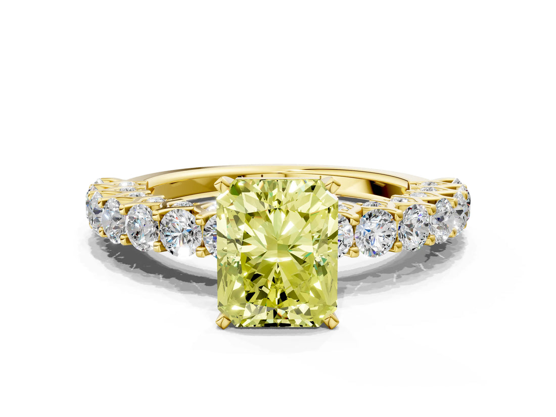 Yellow gold Fancy Yellow Radiant Cut Diamond Solitaire Ring with Shared Prong Pavé Band and Four-Prong Setting_58