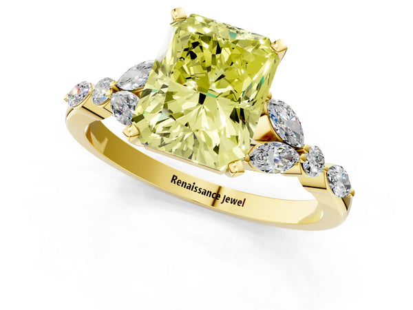 Yellow gold Fancy Yellow Radiant Cut Diamond Solitaire Ring with Side Stones and Four-Prong Setting