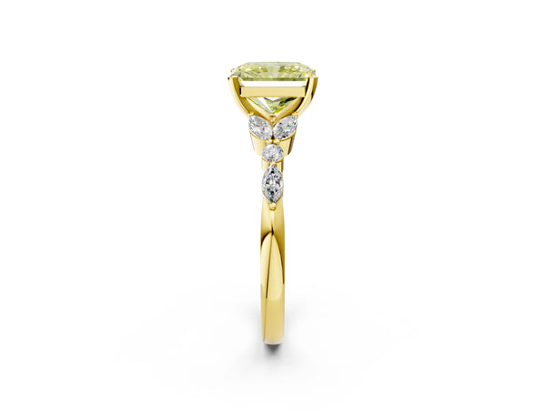 Yellow gold Fancy Yellow Radiant Cut Diamond Solitaire Ring with Side Stones and Four-Prong Setting