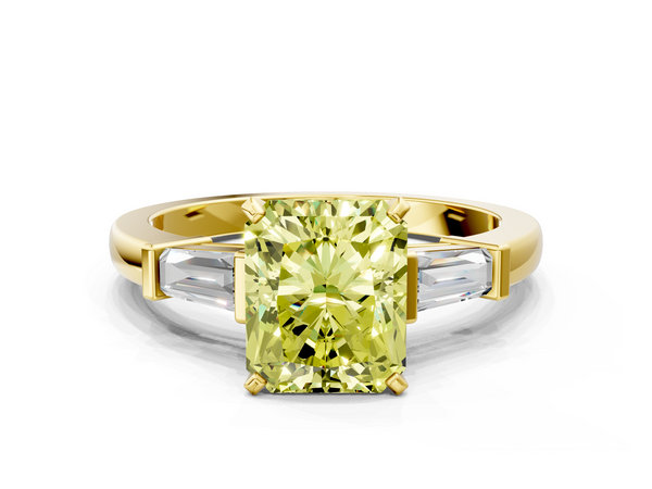 Yellow gold Fancy Yellow Radiant  Cut Diamond Solitaire Ring with Tapered Baguette Accents and Four-Prong Setting