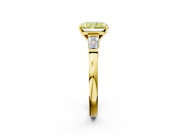 Yellow gold Fancy Yellow Radiant  Cut Diamond Solitaire Ring with Tapered Baguette Accents and Four-Prong Setting