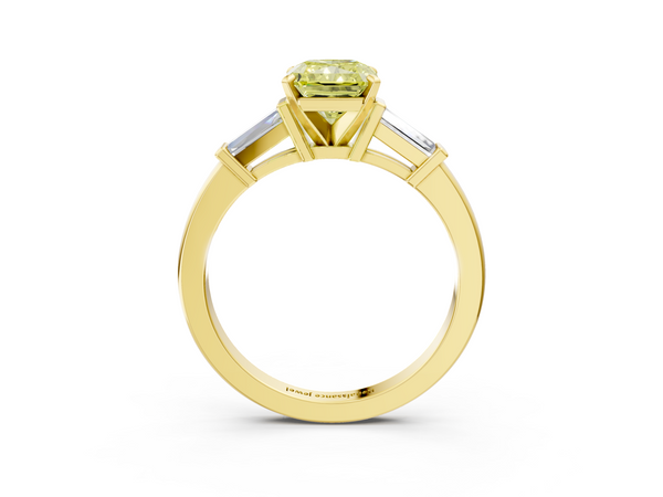 Yellow gold Fancy Yellow Radiant  Cut Diamond Solitaire Ring with Tapered Baguette Accents and Four-Prong Setting