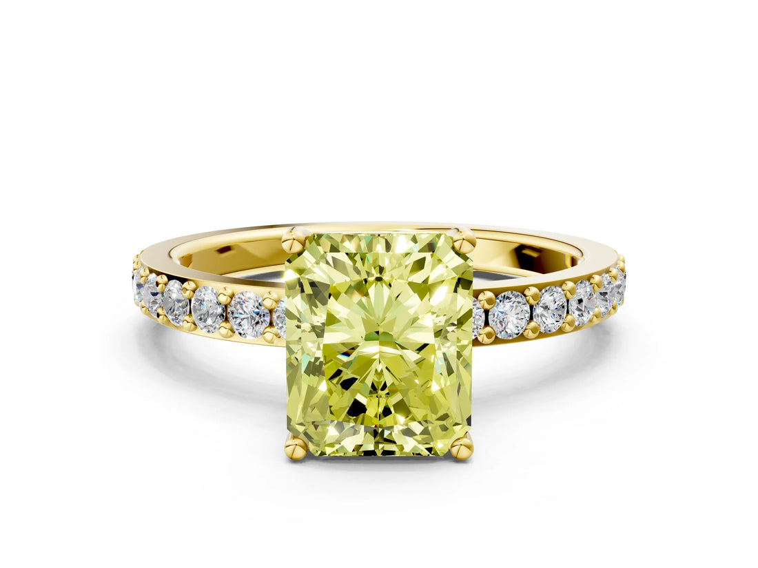 Yellow gold Fancy Yellow Radiant  Cut Diamond Solitaire with Pave Band and Four-Prong Setting