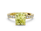 Yellow gold Fancy Yellow Radiant  Cut Diamond Solitaire with Pave Band and Four-Prong Setting