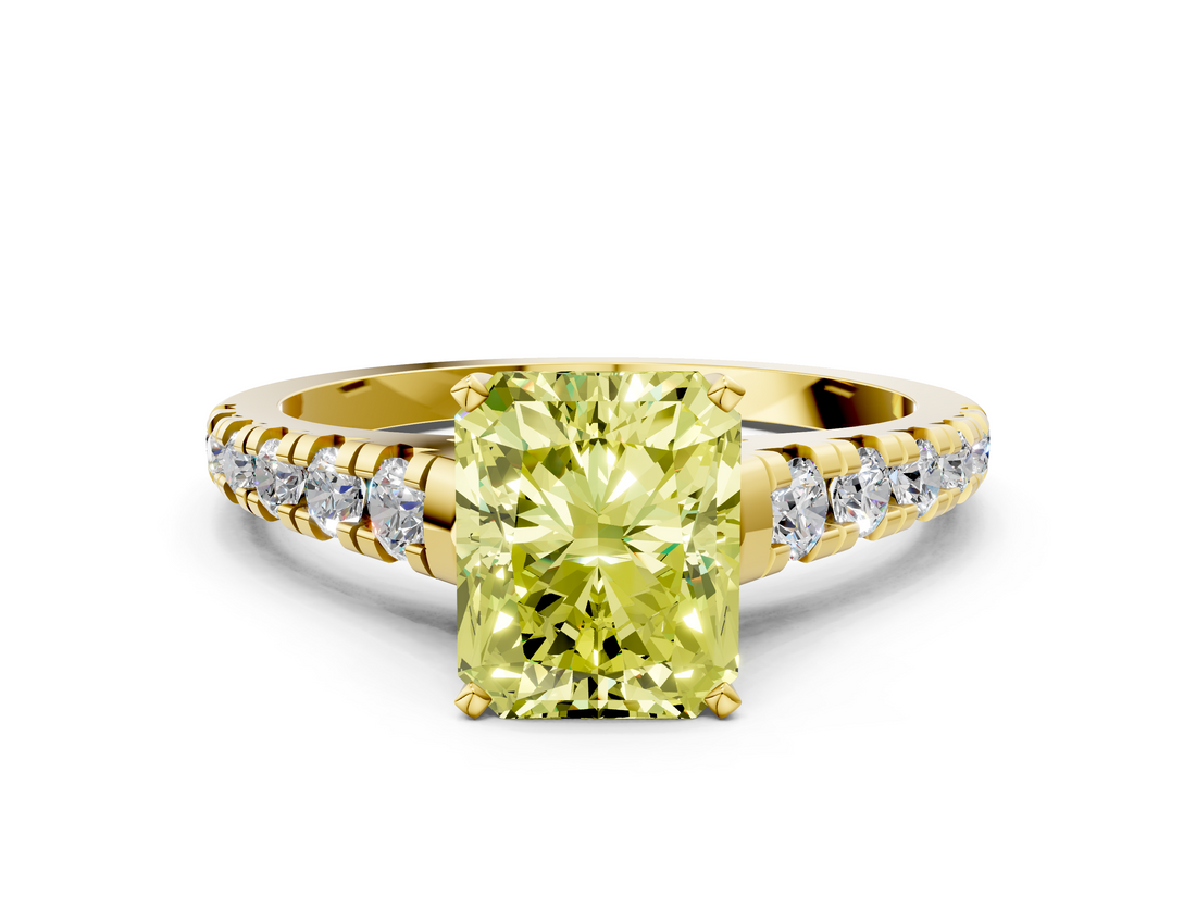 Yellow gold Fancy Yellow Radiant  Cut Diamond Solitaire with Pave Band and Four-Prong Setting_115