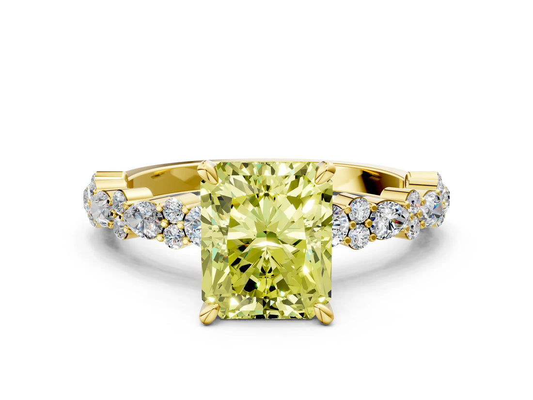 Yellow gold Fancy Yellow Radiant Cut Diamond Solitaire with Side Stones, Pave Band, Four-Prong Setting_97