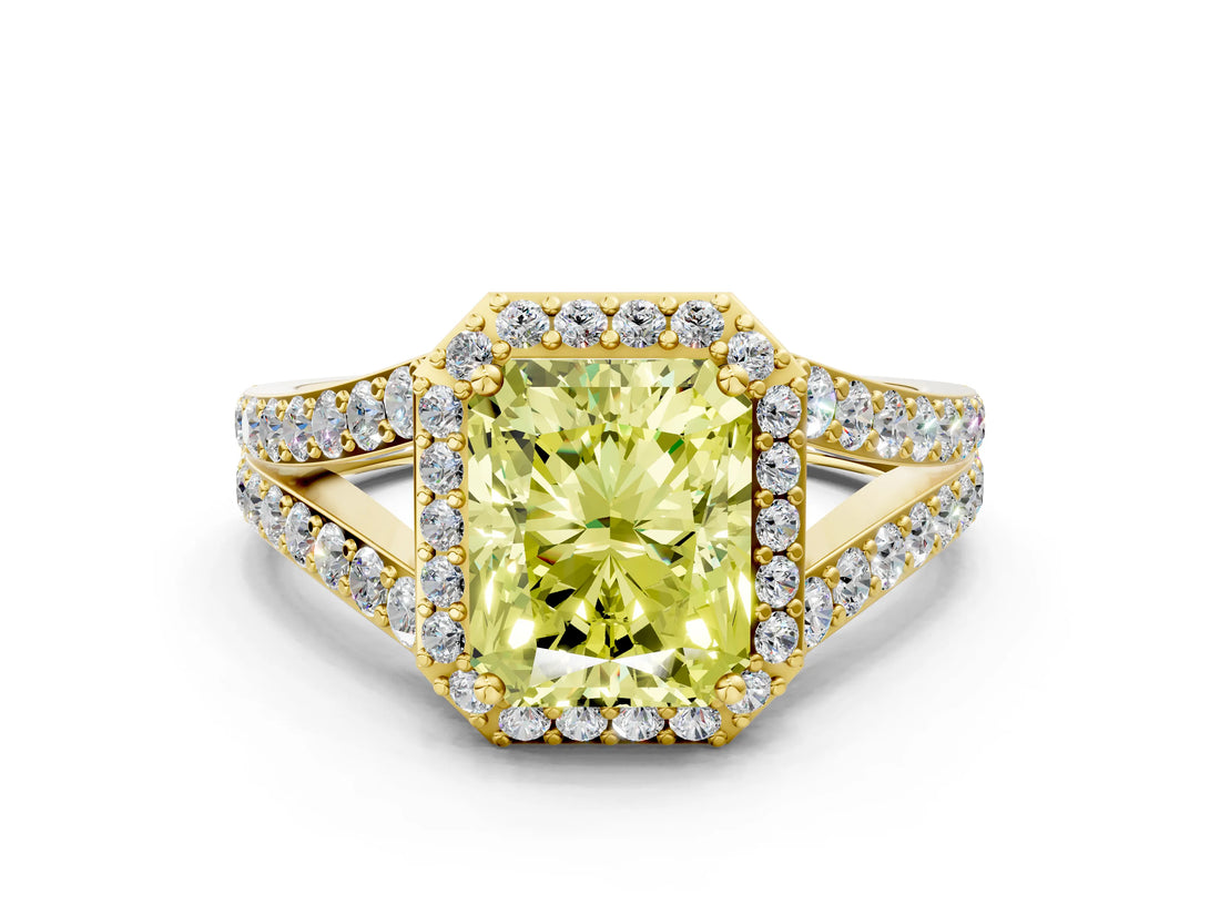 Yellow gold Fancy Yellow Radiant Cut Diamond Split Shank Halo Ring with Four-Prong Setting_57