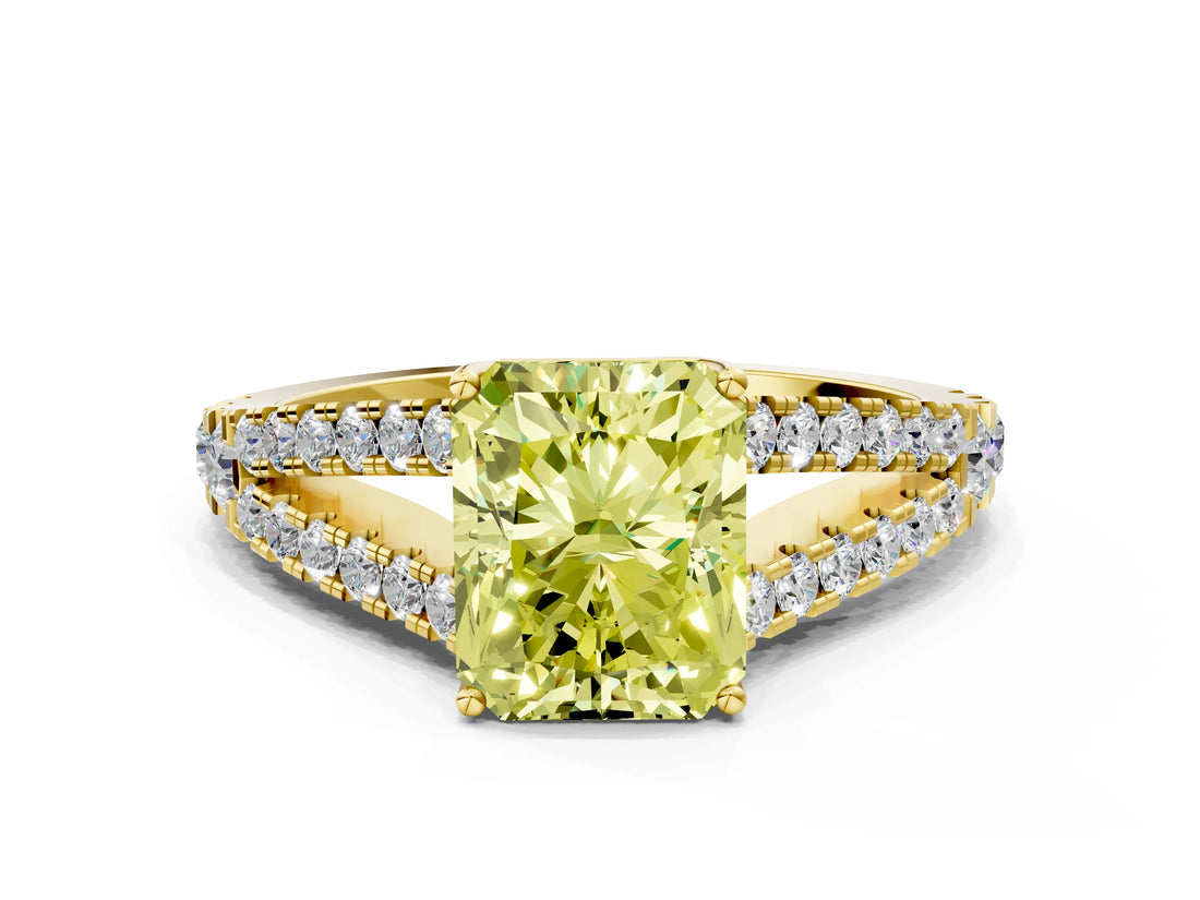 Yellow gold Fancy Yellow Radiant Cut Diamond Split Shank Pavé Engagement Ring with Four-Prong Setting_77