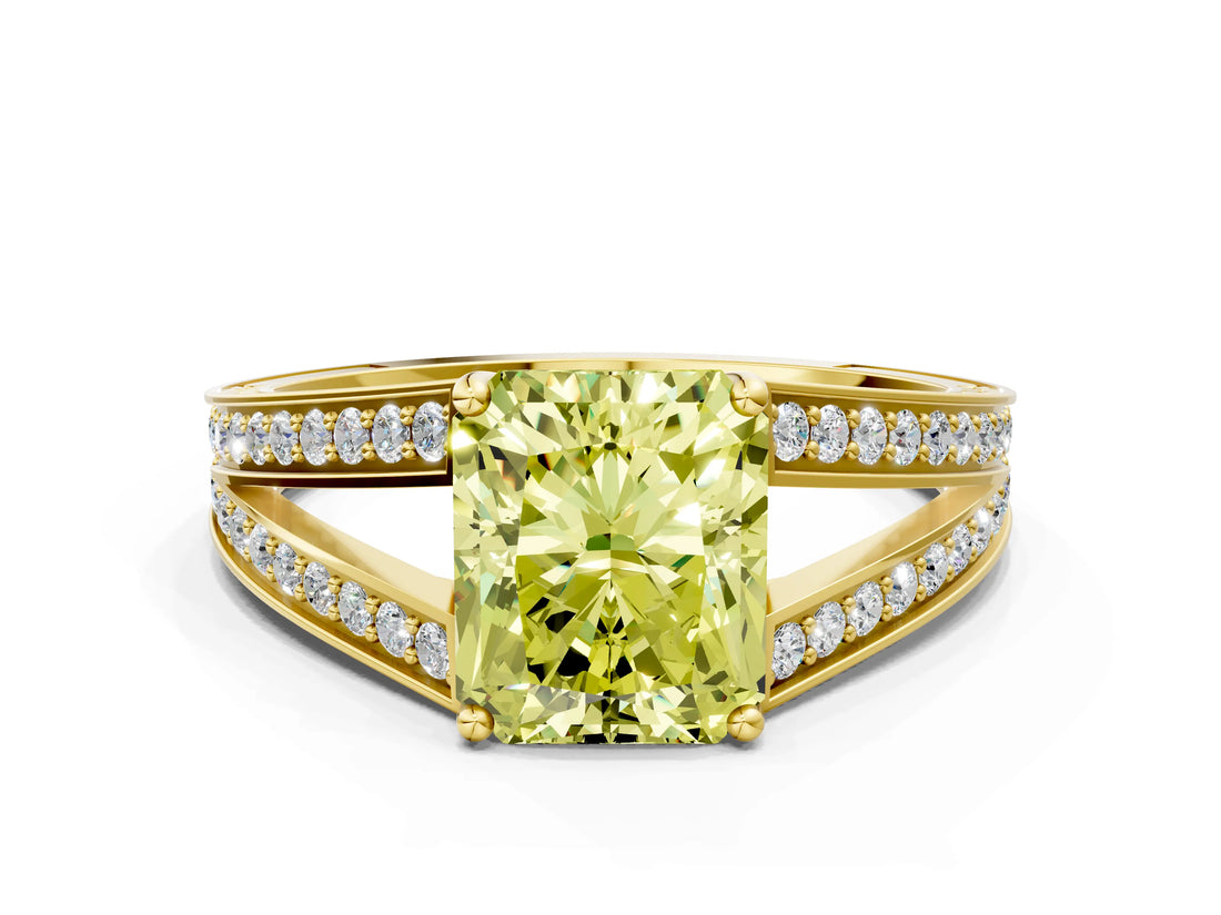 Yellow gold Fancy Yellow Radiant Cut Diamond Split Shank Ring with Pavé Band and Four-Prong Setting_58