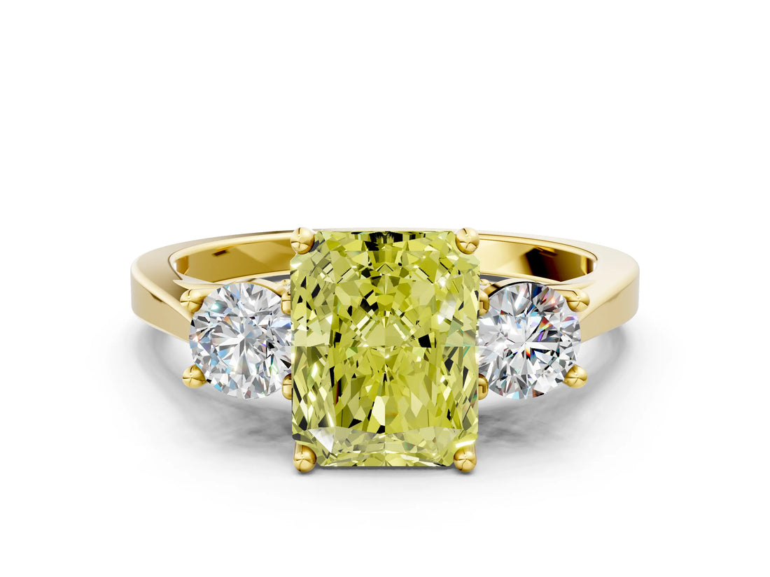 Yellow gold Fancy Yellow Radiant Cut Diamond Three-Stone Engagement Ring with Prong Setting and Pavé Band