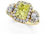 Yellow gold Fancy Yellow Radiant Cut Diamond Three-Stone Halo Ring with Prong Setting and Pavé Accents_1