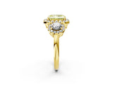 Yellow gold Fancy Yellow Radiant Cut Diamond Three-Stone Halo Ring with Prong Setting and Pavé Accents_2