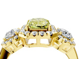 Yellow gold Fancy Yellow Radiant Cut Diamond Three-Stone Halo Ring with Prong Setting and Pavé Accents_4
