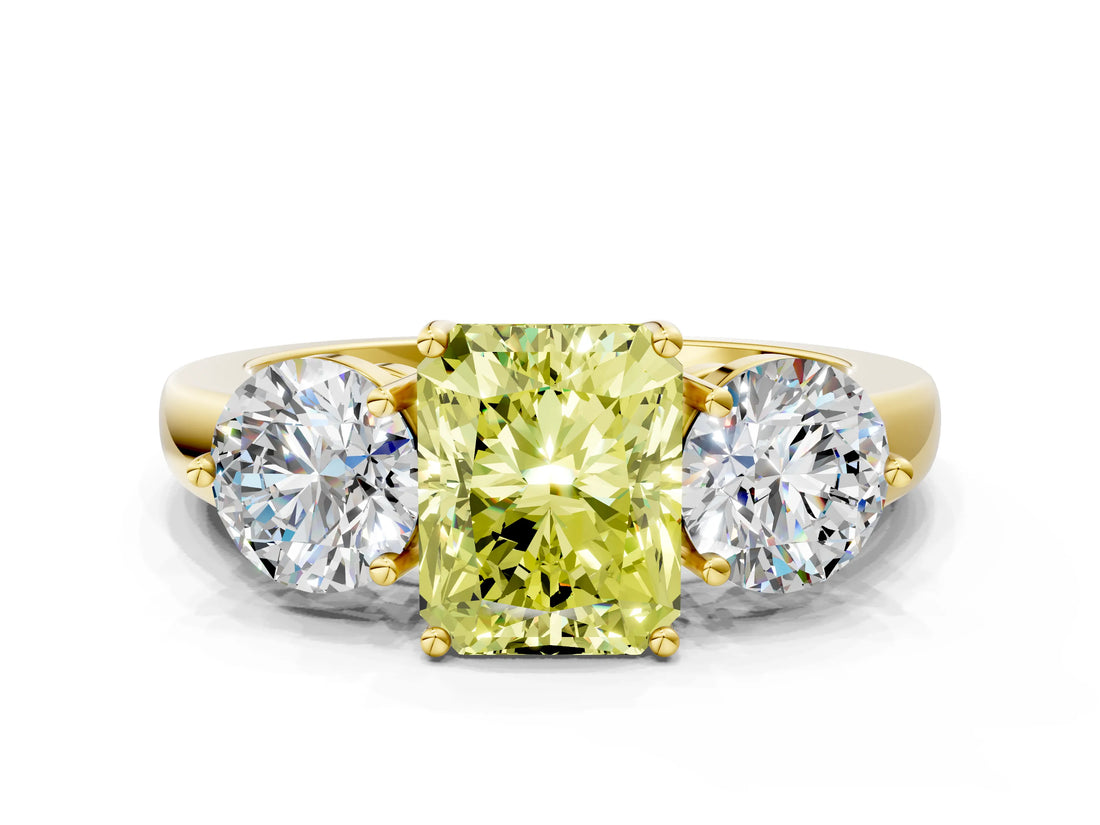 Yellow gold Fancy Yellow Radiant Cut Diamond Three-Stone Ring with Prong Setting and Classic Band_97