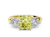 Yellow gold Fancy Yellow Radiant Cut Diamond Three-Stone Ring with Prong Setting and Pavé Band