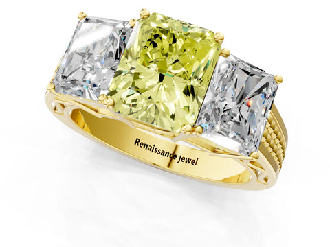 Yellow gold Fancy Yellow Radiant Cut Diamond Three-Stone Ring with Prong Setting and Textured Band_10