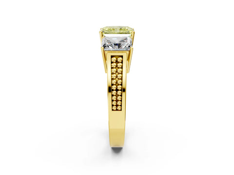 Yellow gold Fancy Yellow Radiant Cut Diamond Three-Stone Ring with Prong Setting and Textured Band_11