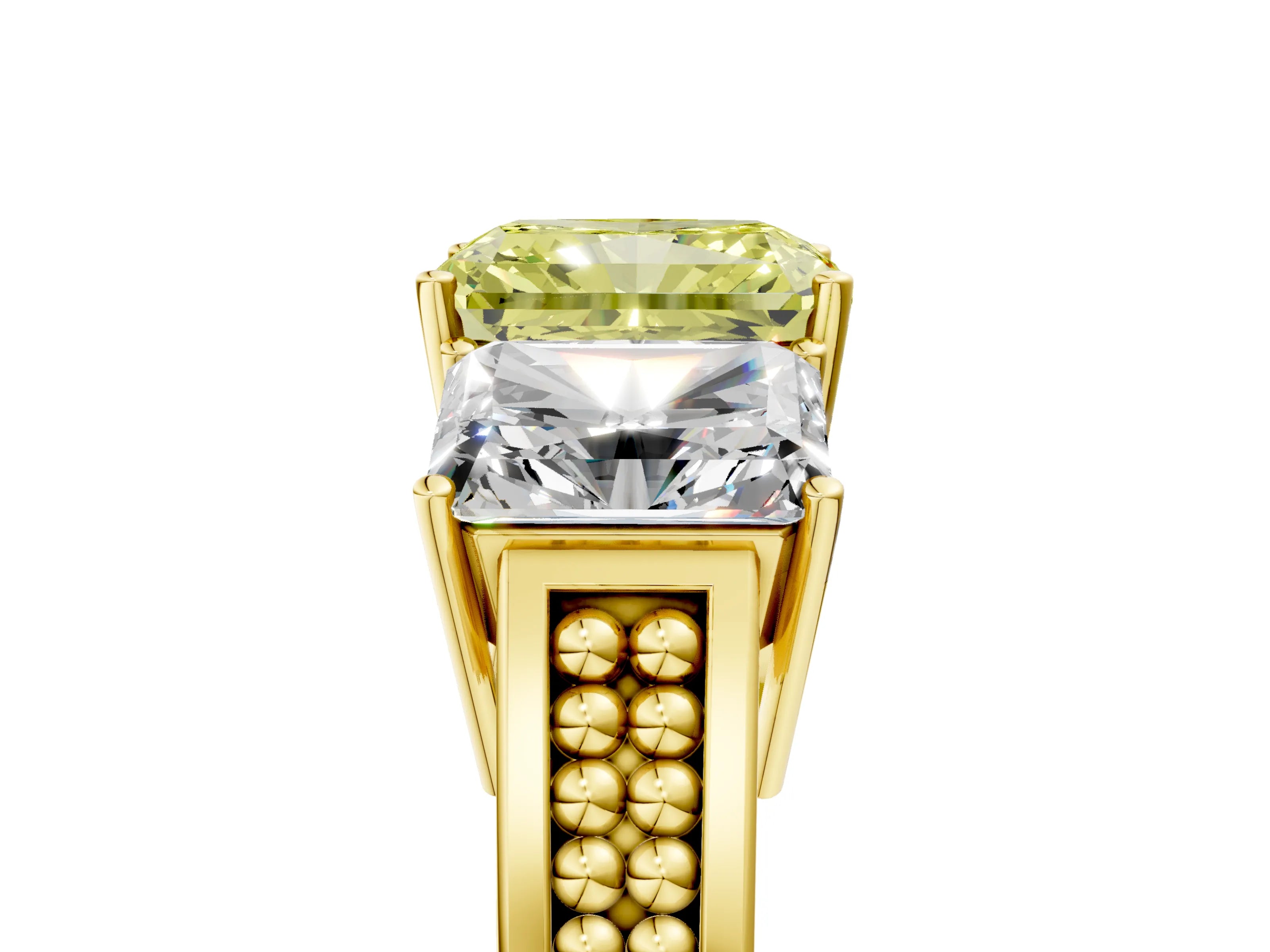 Yellow gold Fancy Yellow Radiant Cut Diamond Three-Stone Ring with Prong Setting and Textured Band_14