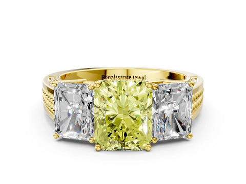 Yellow gold Fancy Yellow Radiant Cut Diamond Three-Stone Ring with Prong Setting and Textured Band_21
