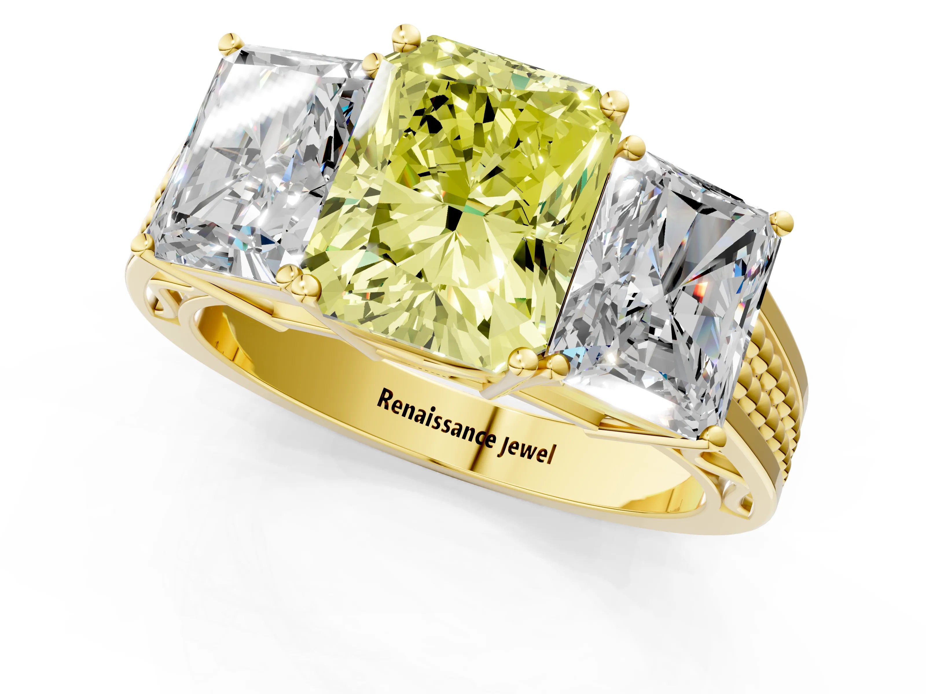 Yellow gold Fancy Yellow Radiant Cut Diamond Three-Stone Ring with Prong Setting and Textured Band_22