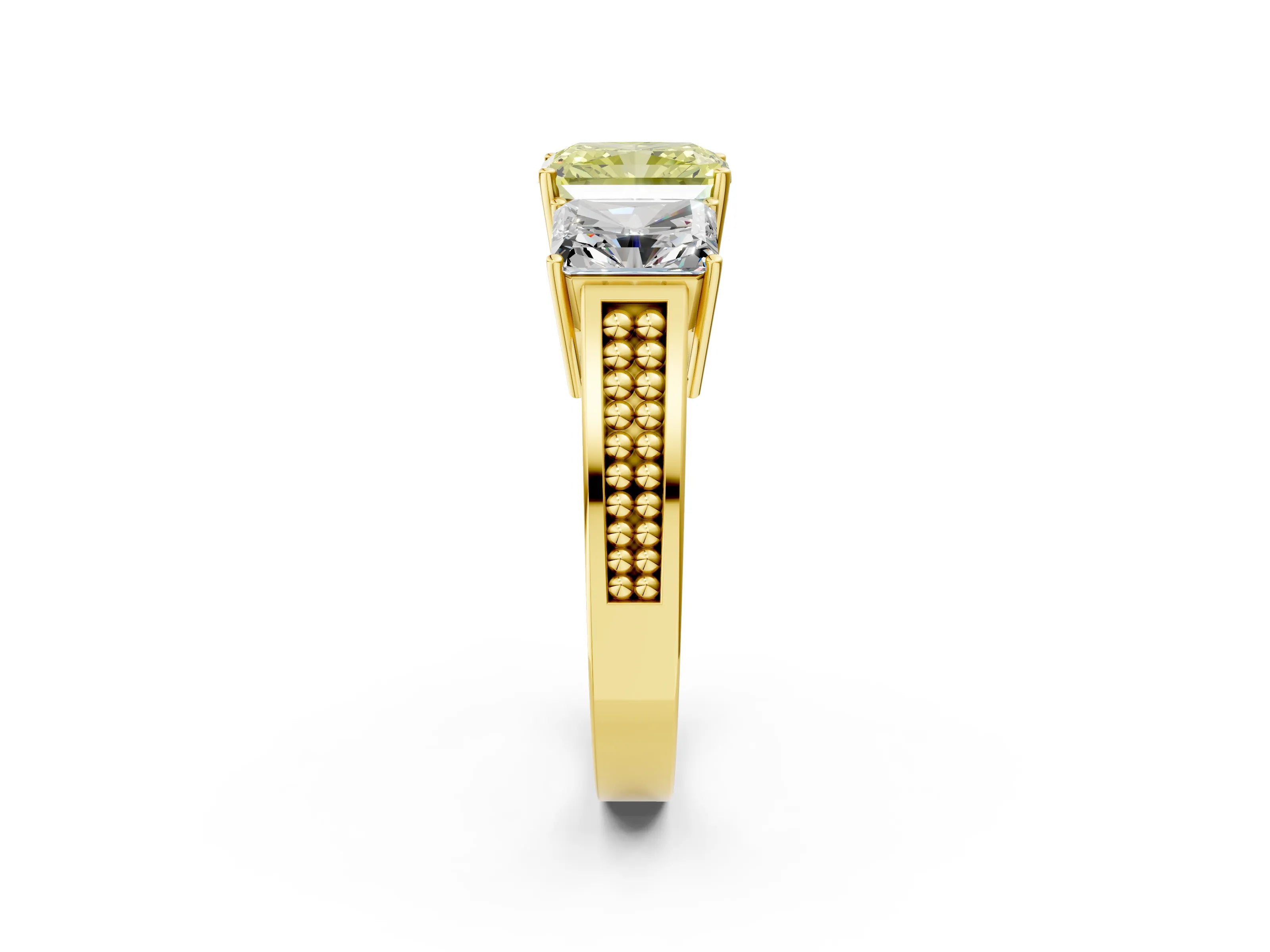 Yellow gold Fancy Yellow Radiant Cut Diamond Three-Stone Ring with Prong Setting and Textured Band_23