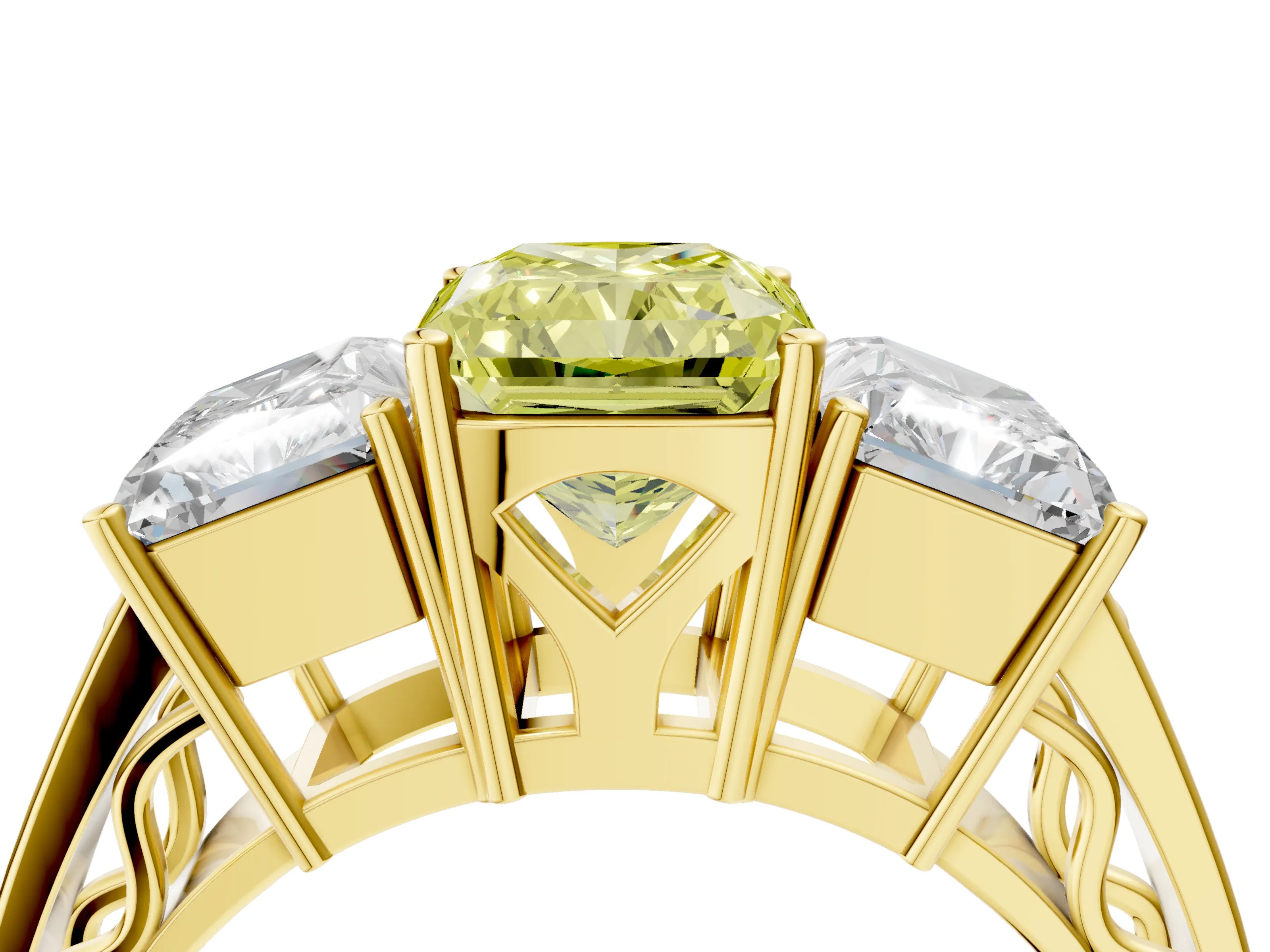 Yellow gold Fancy Yellow Radiant Cut Diamond Three-Stone Ring with Prong Setting and Textured Band_4