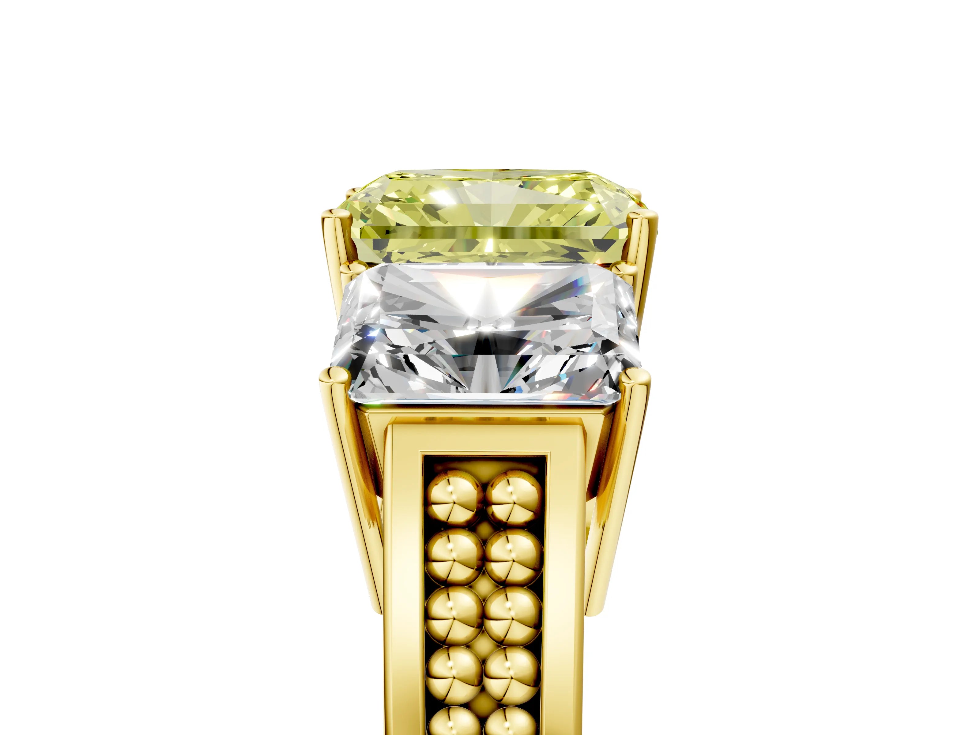 Yellow gold Fancy Yellow Radiant Cut Diamond Three-Stone Ring with Prong Setting and Textured Band_5