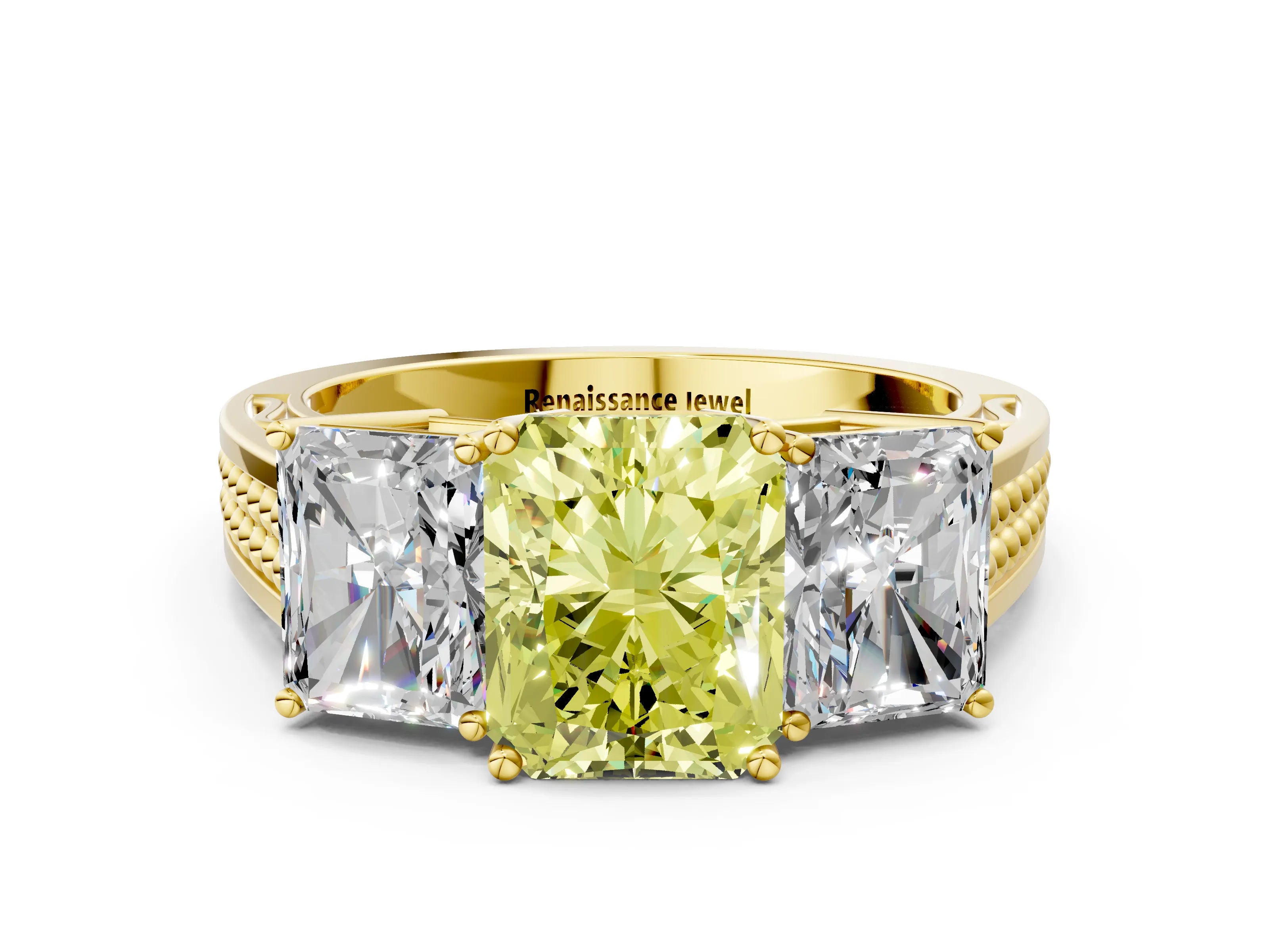 Yellow gold Fancy Yellow Radiant Cut Diamond Three-Stone Ring with Prong Setting and Textured Band_9