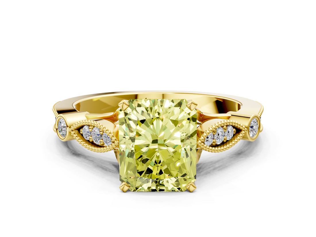 Yellow gold Fancy Yellow Radiant  Cut Diamond with Milgrain Marquise and Bezel Accents on a Solitaire Band with Prong Setting_192