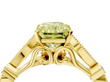 Yellow gold Fancy Yellow Radiant  Cut Diamond with Milgrain Marquise and Bezel Accents on a Solitaire Band with Prong Setting_196