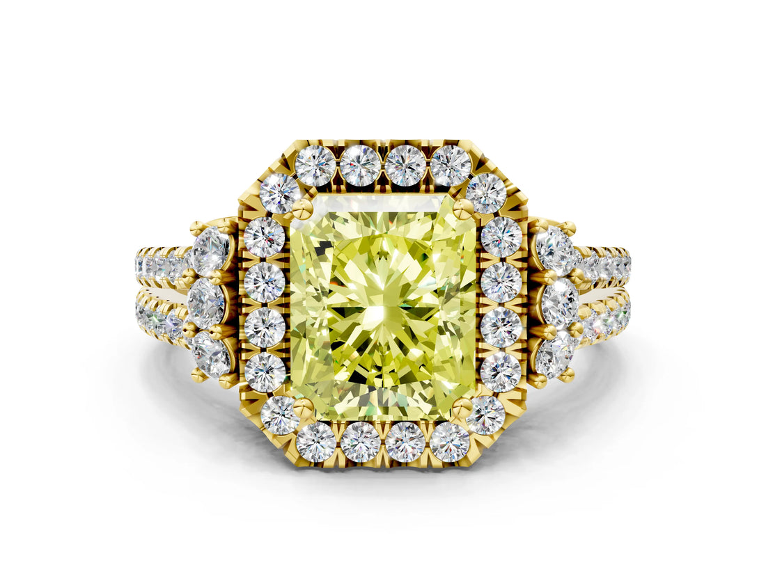 Yellow gold Fancy Yellow Radiant  Cut Double Halo Diamond Engagement Ring with Pave Band and Four-Prong Setting